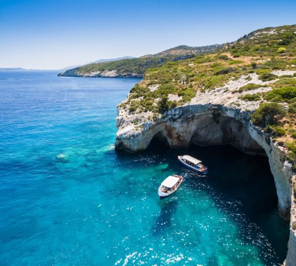 Aerial view of Agios Nikolaos blue caves in Zakynthos (Zante)