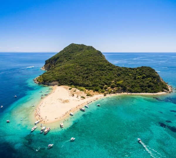 Aerial view of Marathonisi Island in Zakynthos (Zante) island, i