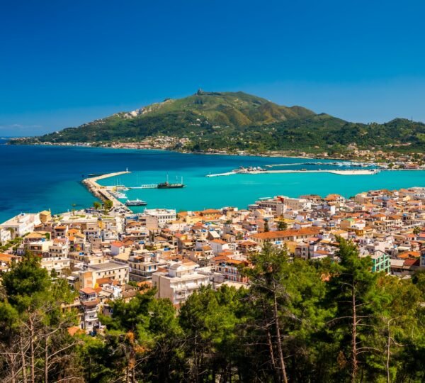 Summer view of Zakynthos Zante town. Beautiful cityscape panorama of Greece city