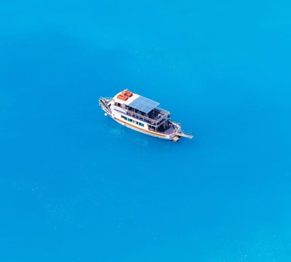 Aerial drone view of moored boat near the coast of Zakynthos, Greece