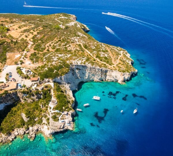 Aerial view of Agios Nikolaos blue caves in Zakynthos (Zante)