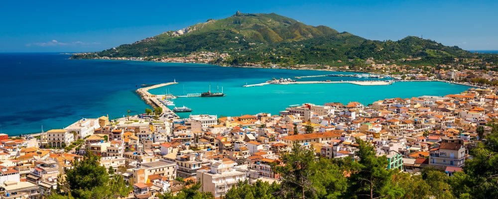 Summer view of Zakynthos Zante town. Beautiful cityscape panorama of Greece city